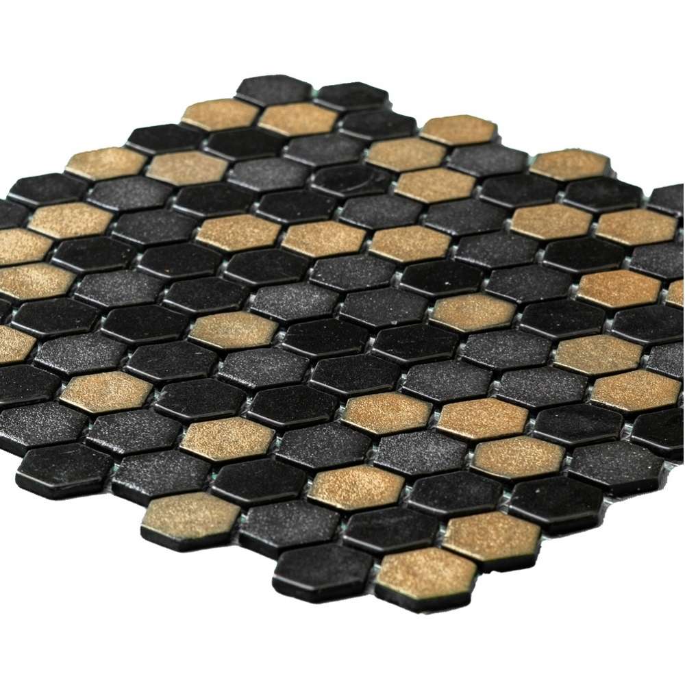 Eterna Hex 1" x 1" Black & Gold Glass Shiny and Textured Mosaic