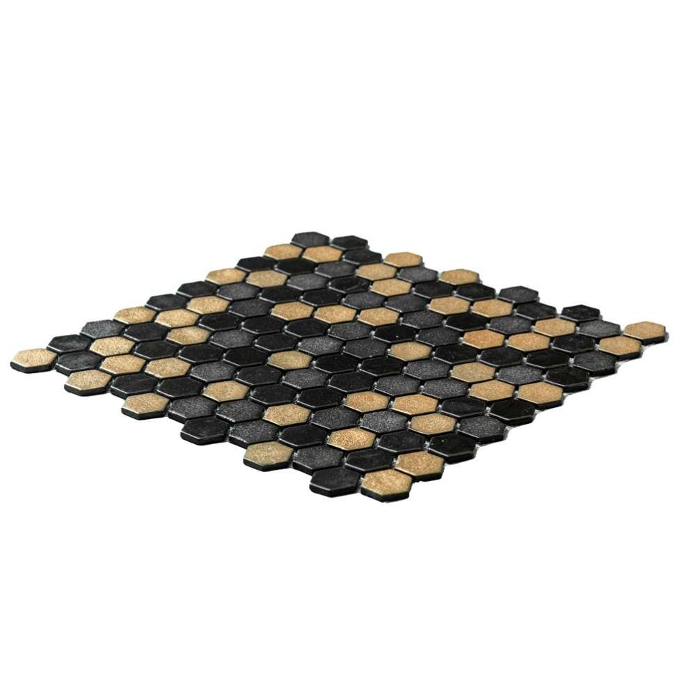 Eterna Hex 1" x 1" Black & Gold Glass Shiny and Textured Mosaic