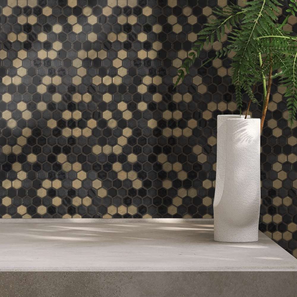 Eterna Hex 1" x 1" Black & Gold Glass Shiny and Textured Mosaic