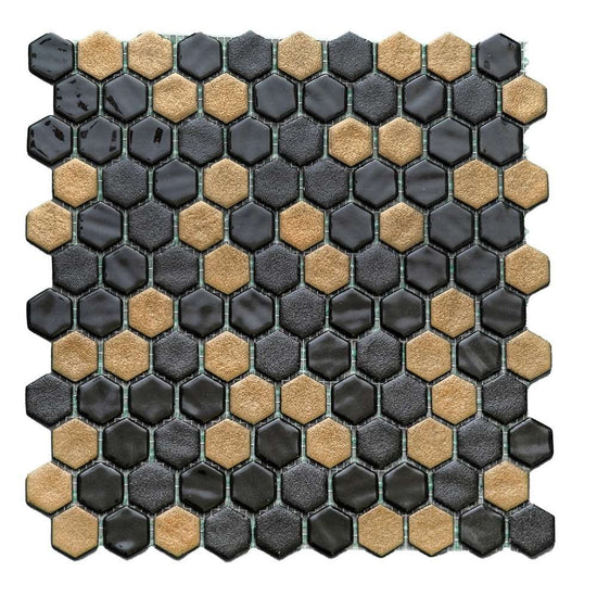 Eterna Hex 1" x 1" Black & Gold Glass Shiny and Textured Mosaic