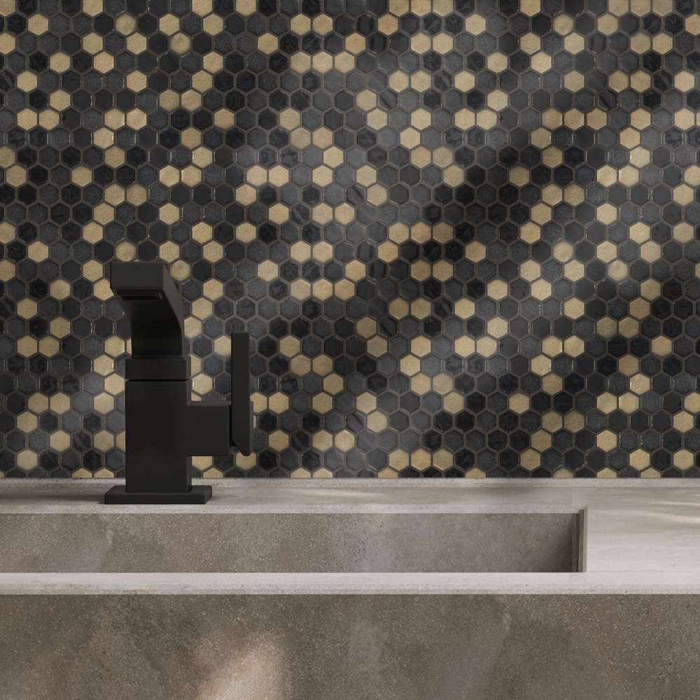 Eterna Hex 1" x 1" Black & Gold Glass Shiny and Textured Mosaic