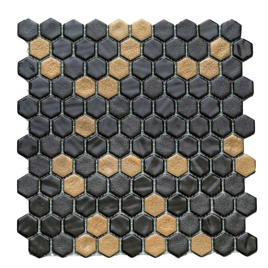 Eterna Hex 1" x 1" Black & Gold Glass Shiny and Textured Mosaic