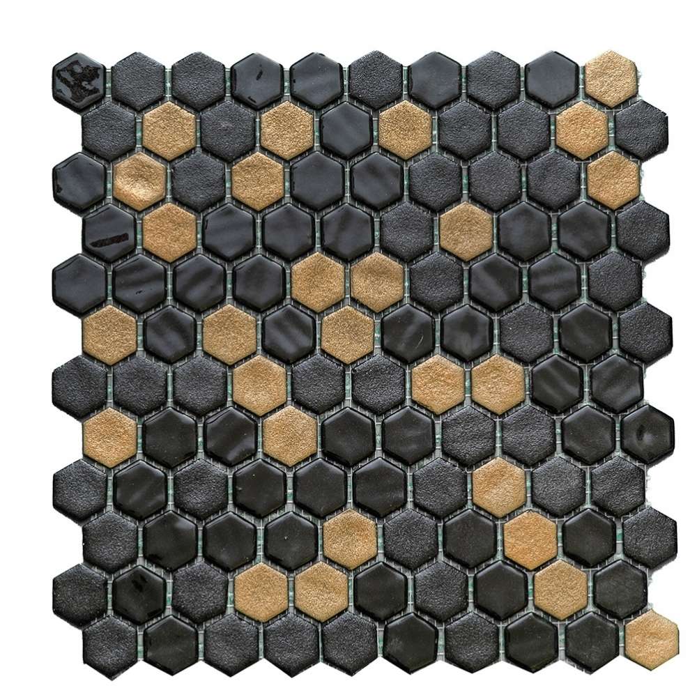 Eterna Hex 1" x 1" Black & Gold Glass Shiny and Textured Mosaic