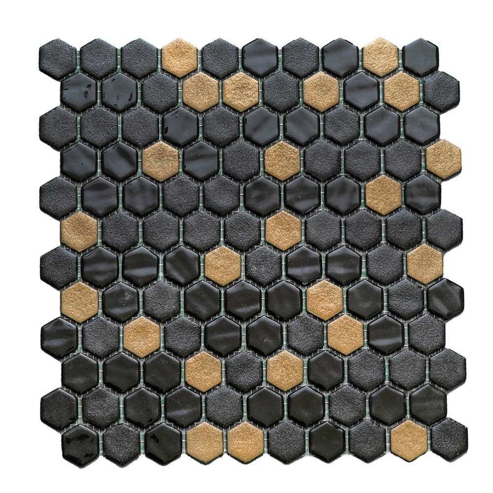 Eterna Hex 1" x 1" Black & Gold Glass Shiny and Textured Mosaic