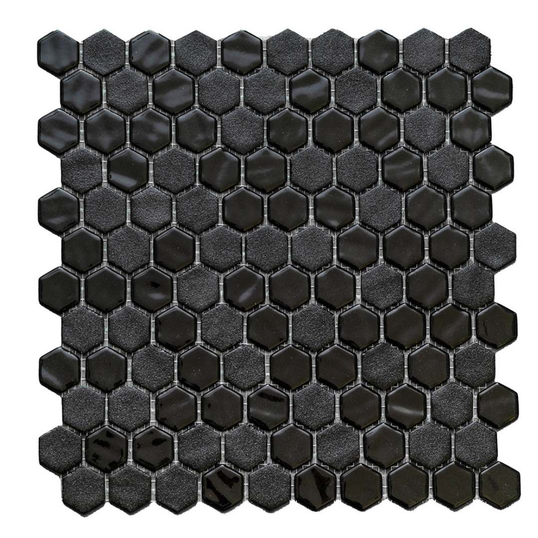 Eterna Hex 1" x 1" Stone Lisa Black Glass Shiny and Textured Mosaic