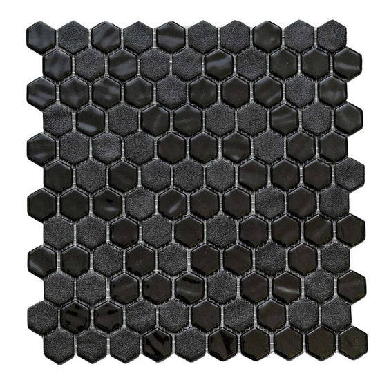 Eterna Hex 1" x 1" Stone Lisa Black Glass Shiny and Textured Mosaic