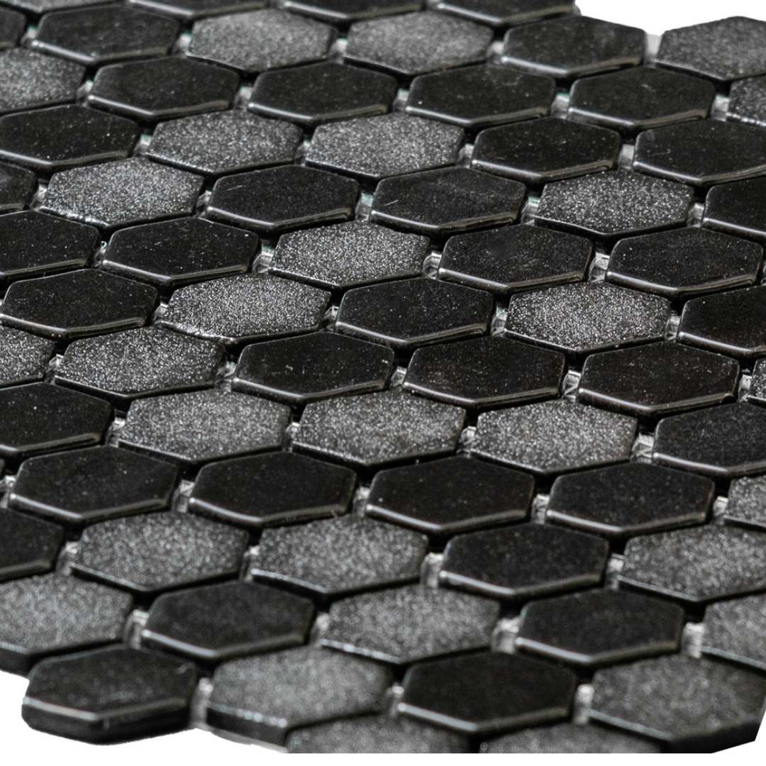 Eterna Hex 1" x 1" Stone Lisa Black Glass Shiny and Textured Mosaic