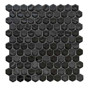 Eterna Hex 1" x 1" Stone Lisa Black Glass Shiny and Textured Mosaic