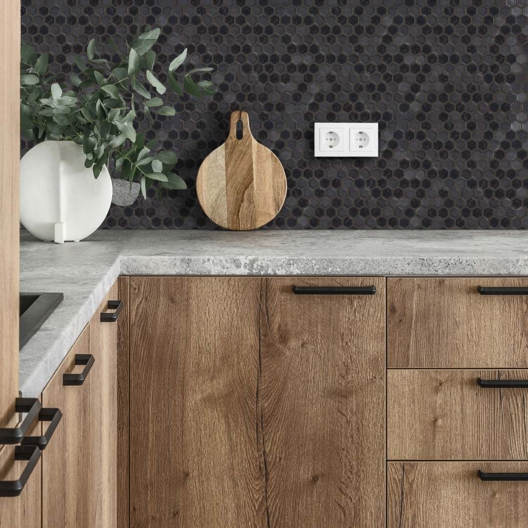 Eterna Hex 1" x 1" Stone Lisa Black Glass Shiny and Textured Mosaic