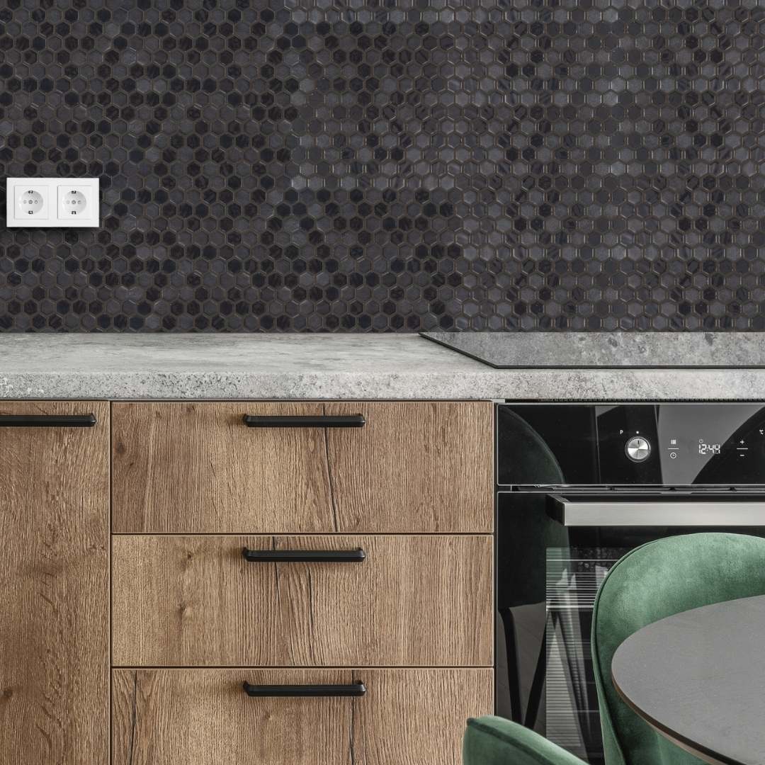 Eterna Hex 1" x 1" Stone Lisa Black Glass Shiny and Textured Mosaic