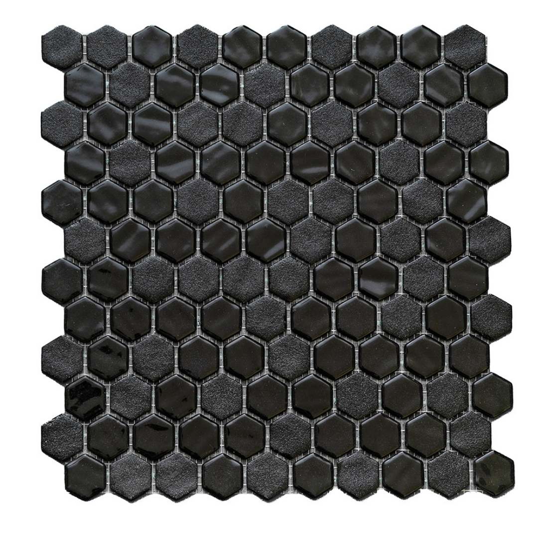 Eterna Hex 1" x 1" Stone Lisa Black Glass Shiny and Textured Mosaic