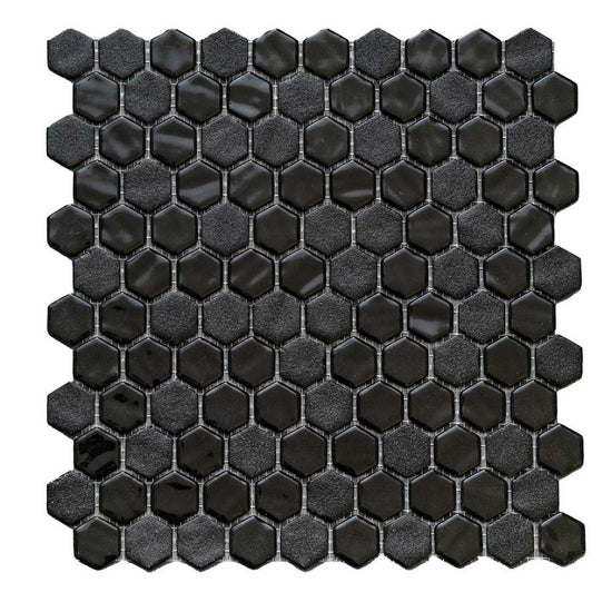 Eterna Hex 1" x 1" Stone Lisa Black Glass Shiny and Textured Mosaic