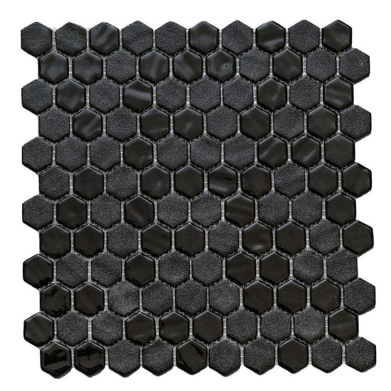 Eterna Hex 1" x 1" Stone Lisa Black Glass Shiny and Textured Mosaic