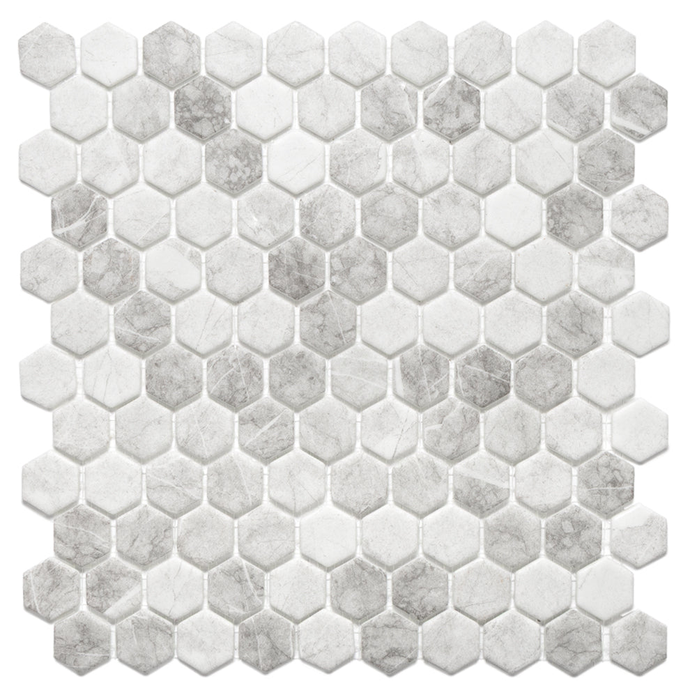 Eterna Hex 1" x 1" Luna Light Grey Glass Matte Mosaic