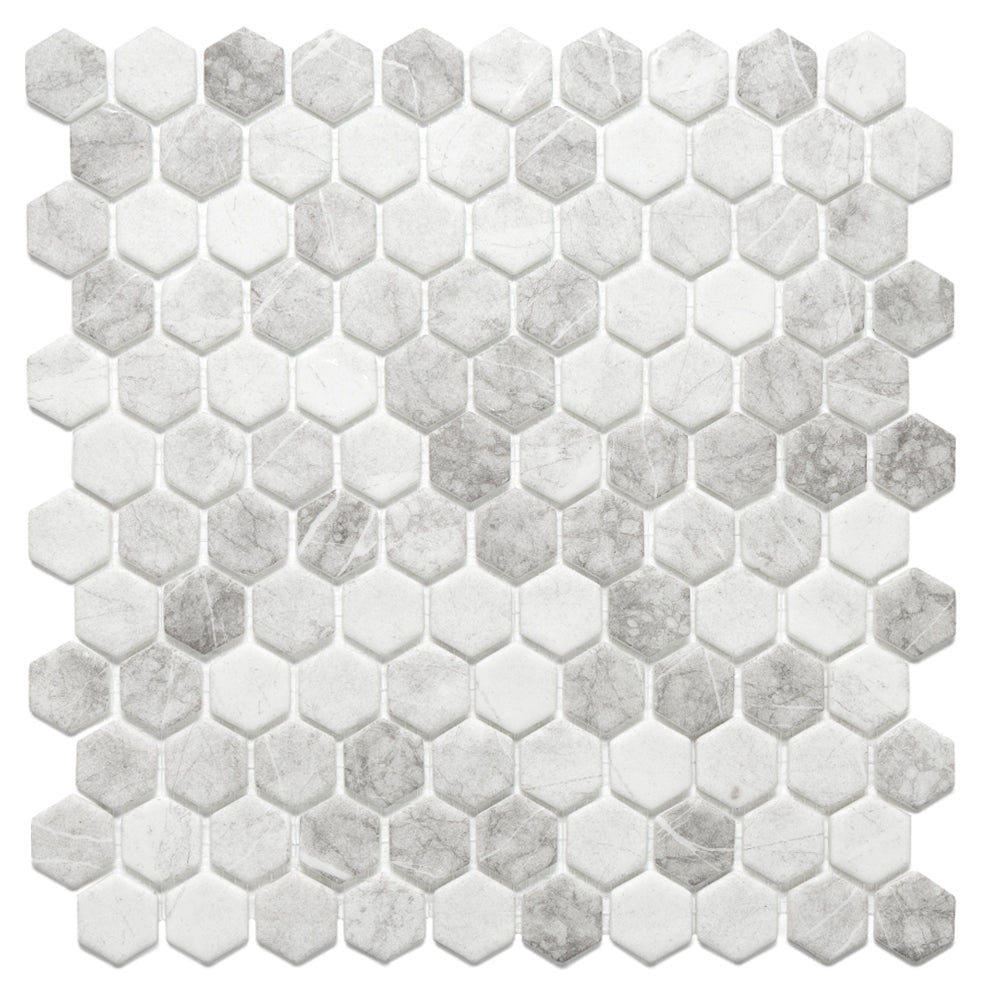 Eterna Hex 1" x 1" Luna Light Grey Glass Matte Mosaic