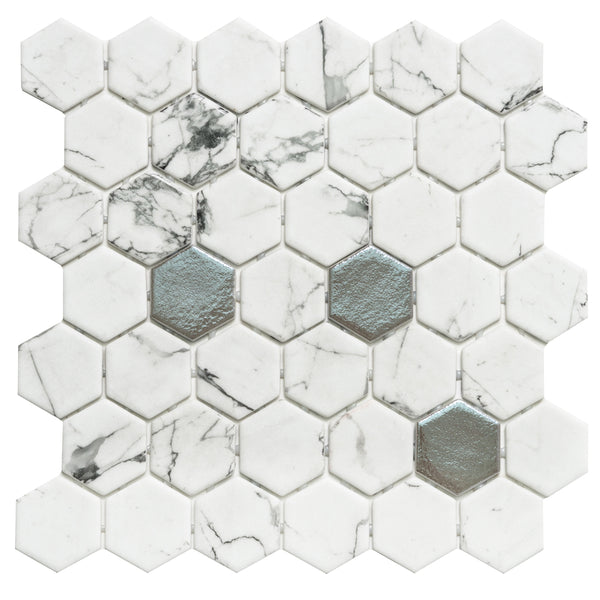 Eterna Big Hex 2" x 2" Fosco Argent Recycled Glass Matte Mosaic