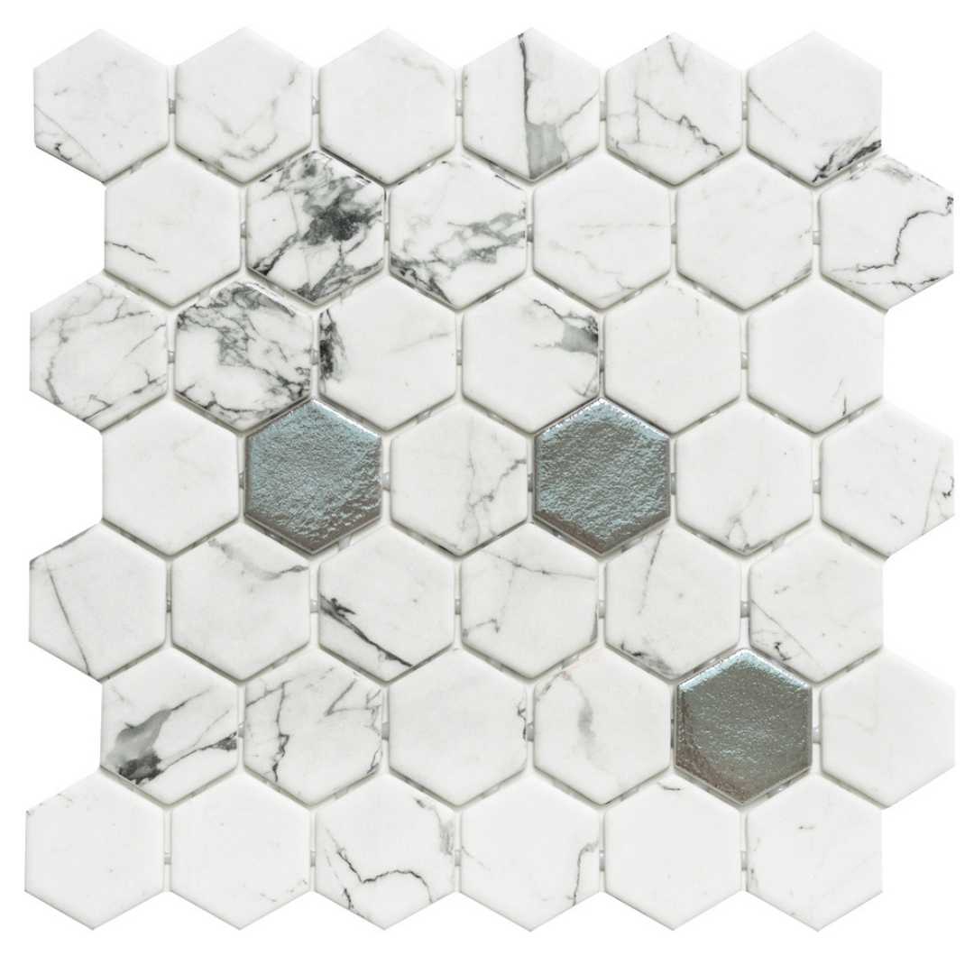 Eterna Big Hex 2"x2" Fosco Argent Recycled Glass Matte Mosaic