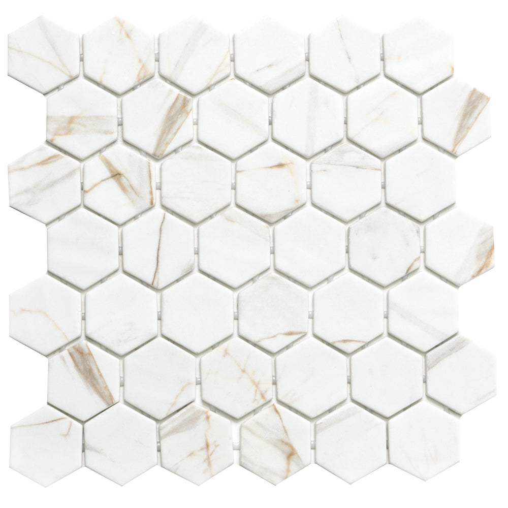 Eterna Big Hex 2" x 2" Calacatta Gold Recycled Glass Matte Mosaic