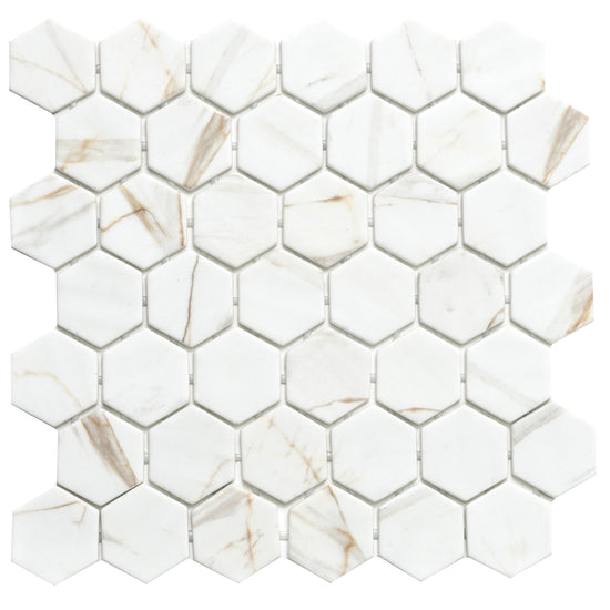 Eterna Big Hex 2" x 2" Calacatta Gold Recycled Glass Matte Mosaic
