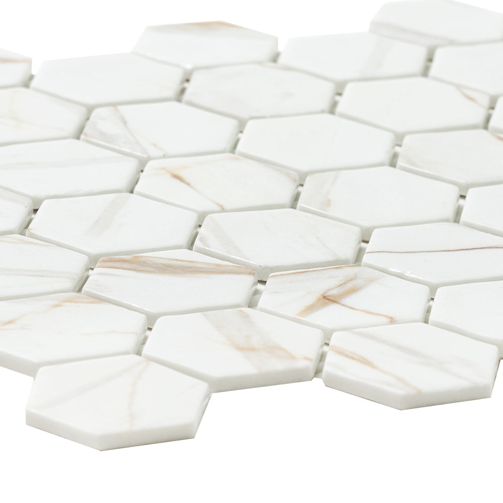 Eterna Big Hex 2" x 2" Calacatta Gold Recycled Glass Matte Mosaic