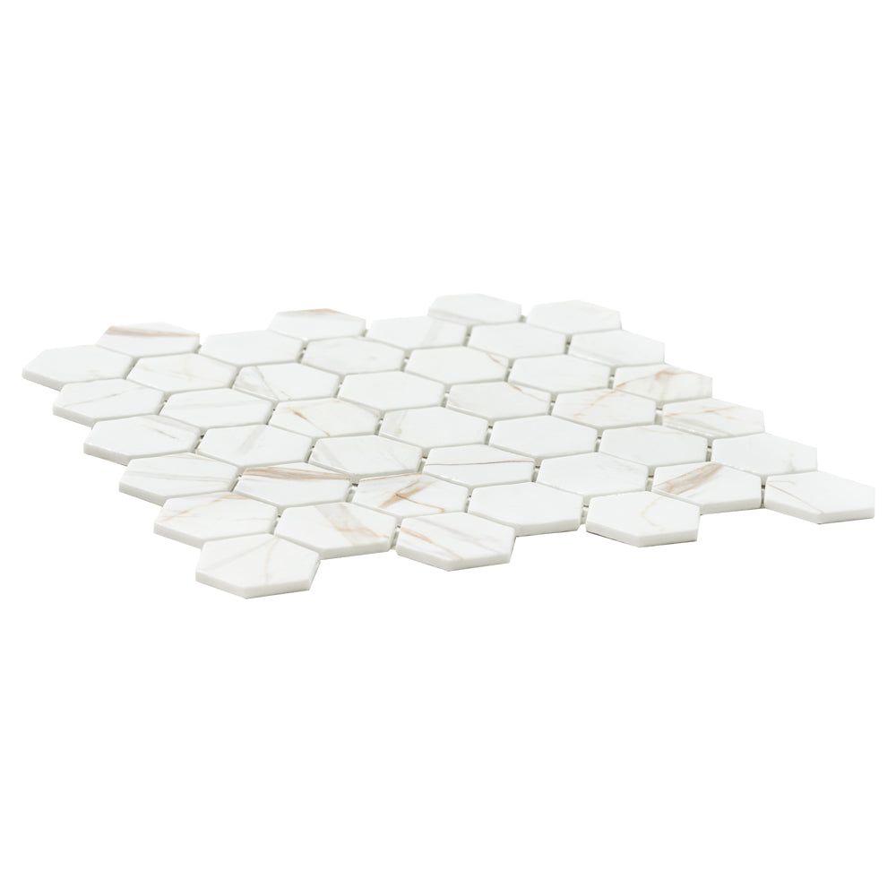 Eterna Big Hex 2" x 2" Calacatta Gold Recycled Glass Matte Mosaic