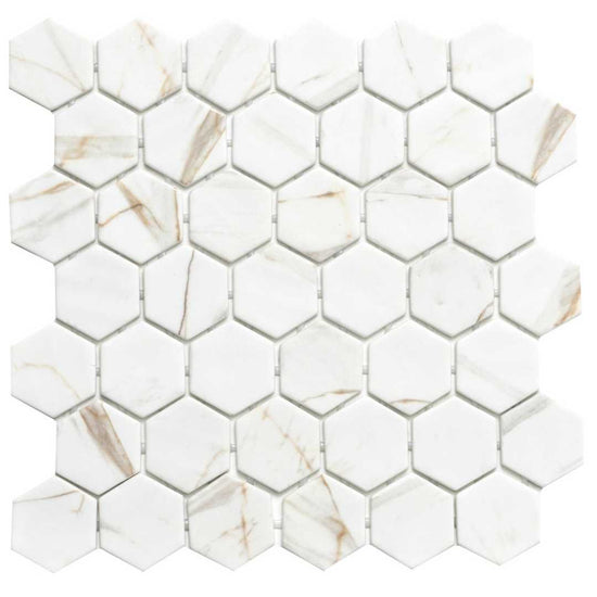 Eterna Big Hex 2" x 2" Calacatta Gold Recycled Glass Matte Mosaic