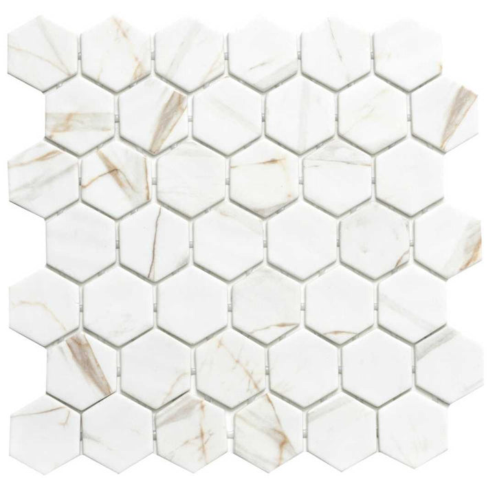 Eterna Big Hex 2" x 2" Calacatta Gold Recycled Glass Matte Mosaic