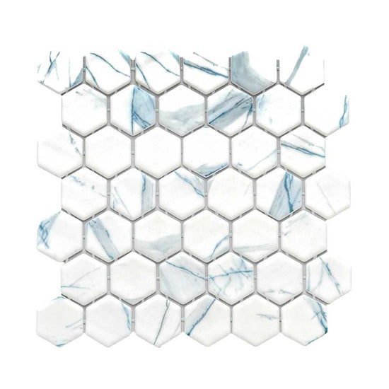 Eterna Hex 2" x 2" Calacatta Blue Glass Matte Mosaic