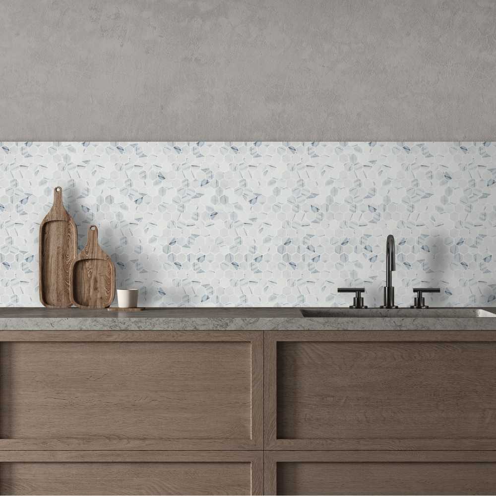 Eterna Hex 2" x 2" Calacatta Blue Glass Matte Mosaic