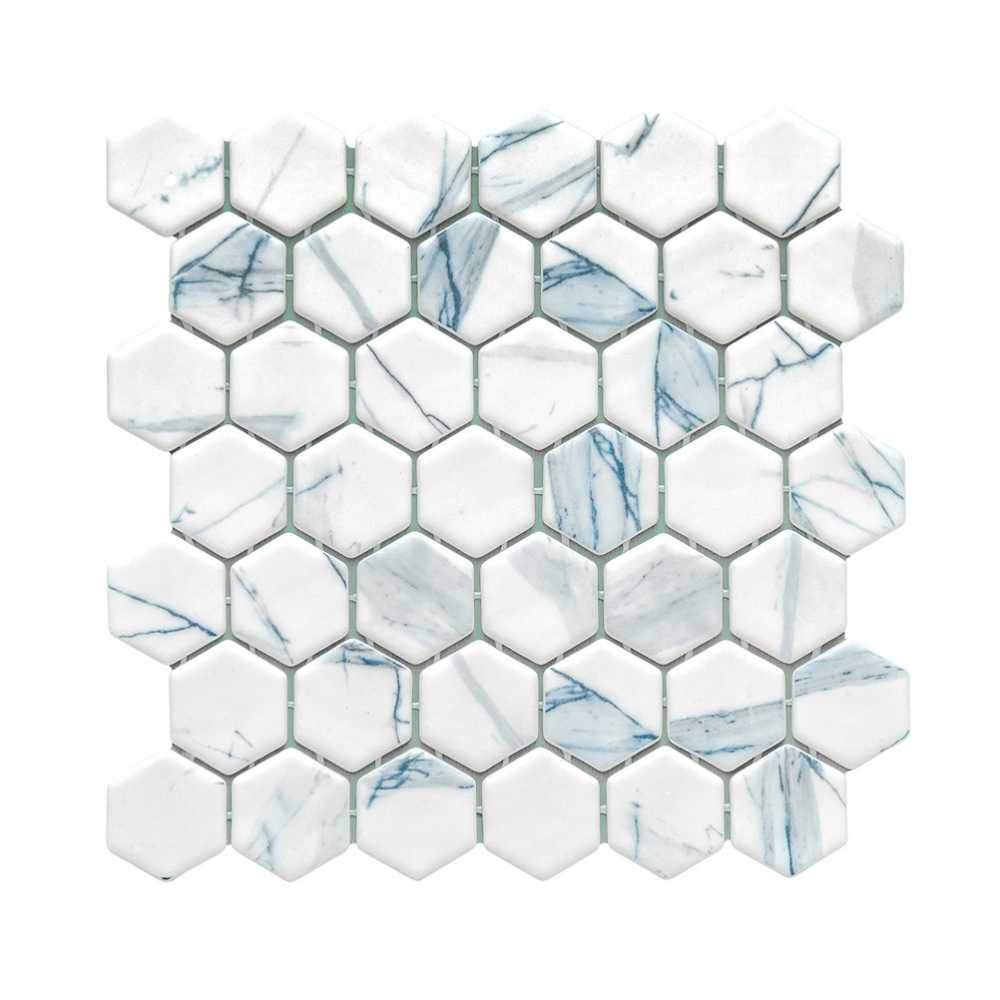 Eterna Hex 2" x 2" Calacatta Blue Glass Matte Mosaic