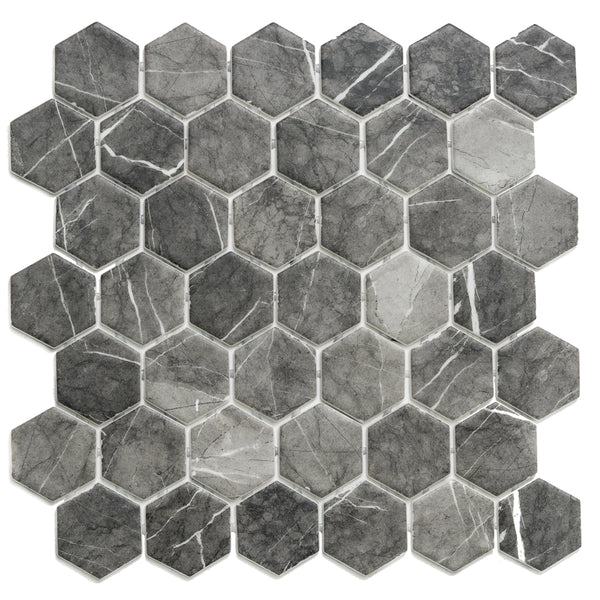 Eterna Big Hex 2" x 2" Grafito Recycled Glass Matte Mosaic