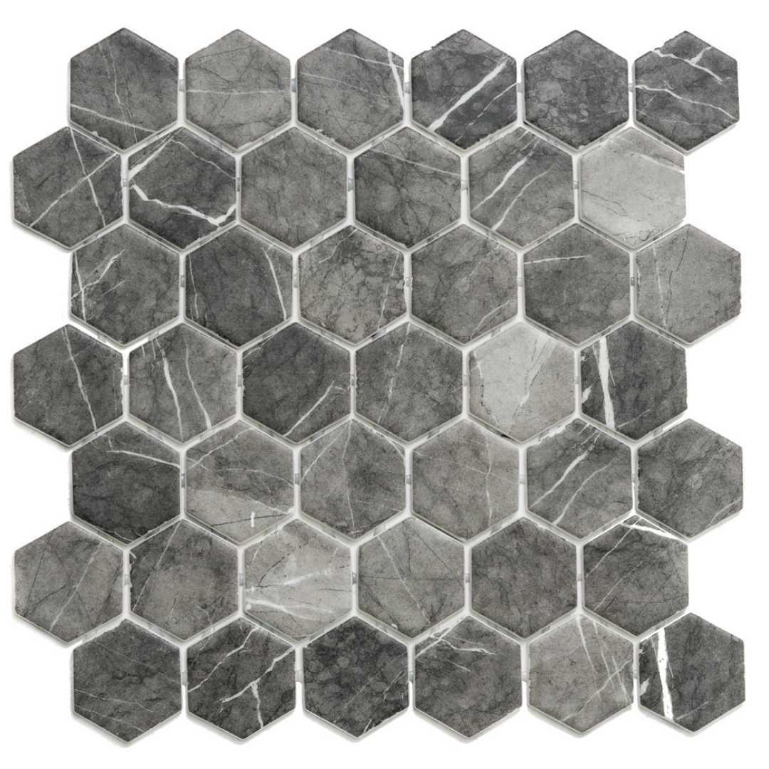 Eterna Big Hex 2"x2" Fosco Argent Recycled Glass Matte Mosaic