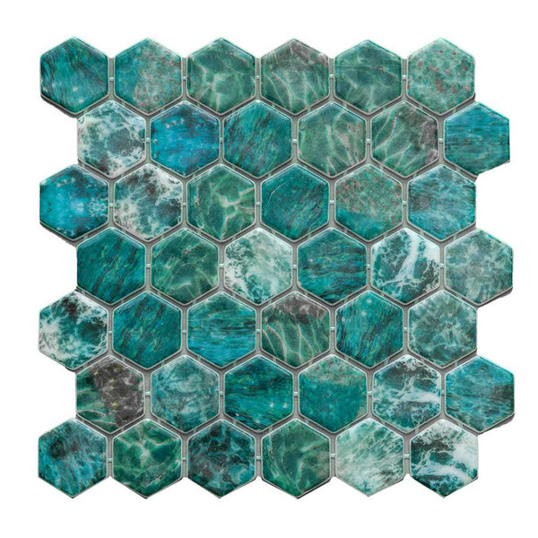 Eterna Hex 2" x 2" Mar Green Glass Glossy Mosaic
