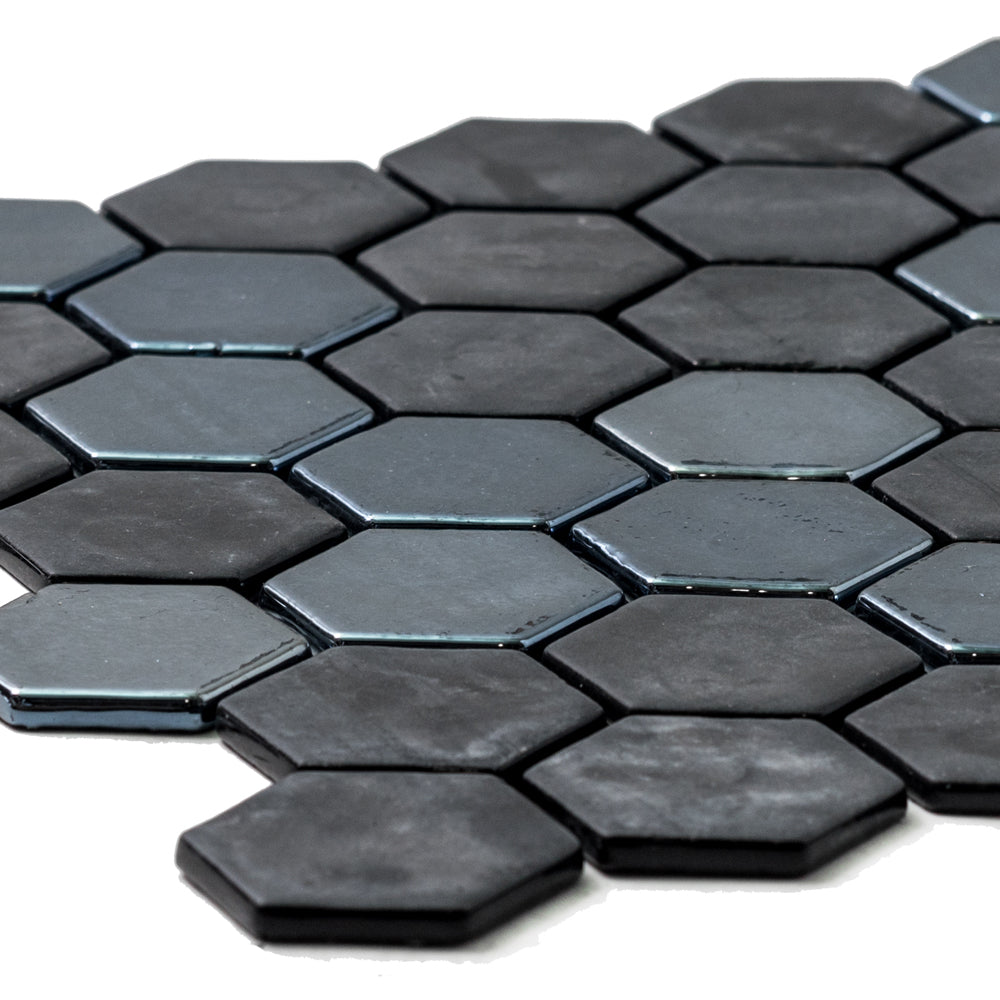 Eterna Big Hex 2" x 2" Opalo Black Recycled Glass Matte Mosaic