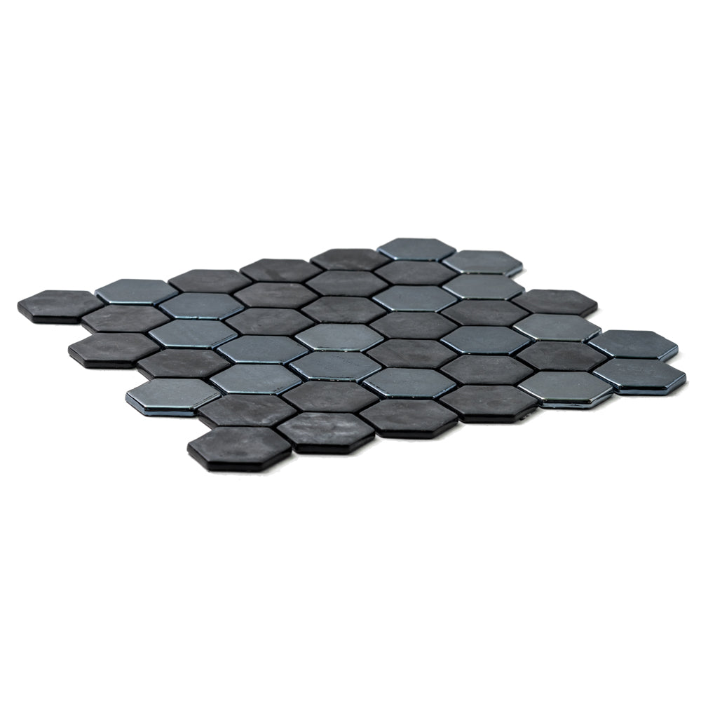 Eterna Big Hex 2" x 2" Opalo Black Recycled Glass Matte Mosaic