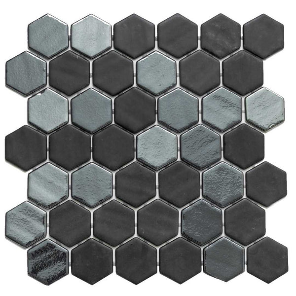 Eterna Big Hex 2" x 2" Opalo Black Recycled Glass Matte Mosaic