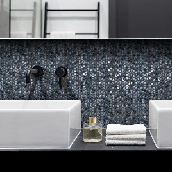 Eterna Penny Arrecife Iridis Grey Recycled Glass Shiny Mosaic