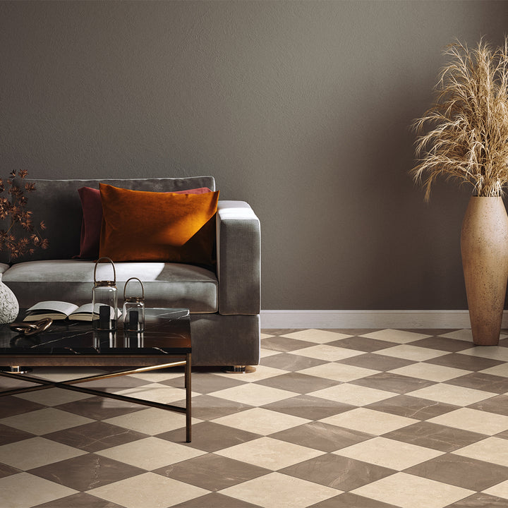 Windsor 12"x12" Checkerboard Bronze & Crema Marfil Porcelain Matte Tile