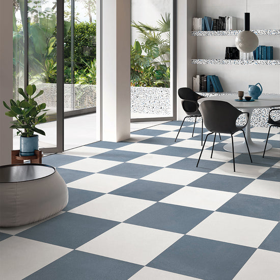 Terrazzo 2.0 24"x24" Checkerboard Minimal White & Minimal Blue Porcelain Matte Tile