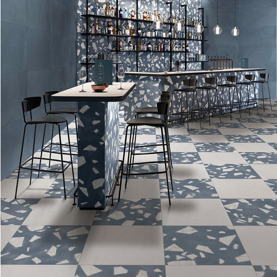 Terrazzo 2.0 24"x24" Checkerboard Minimal White & Rock Blue Porcelain Matte Tile