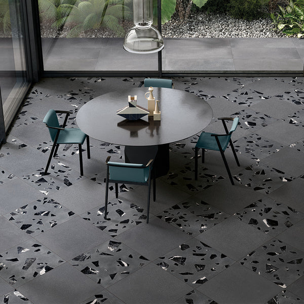 Terrazzo 2.0 24"x24" Checkerboard Minimal Dk Grey & Rock Dk Grey Porcelain Matte Tile