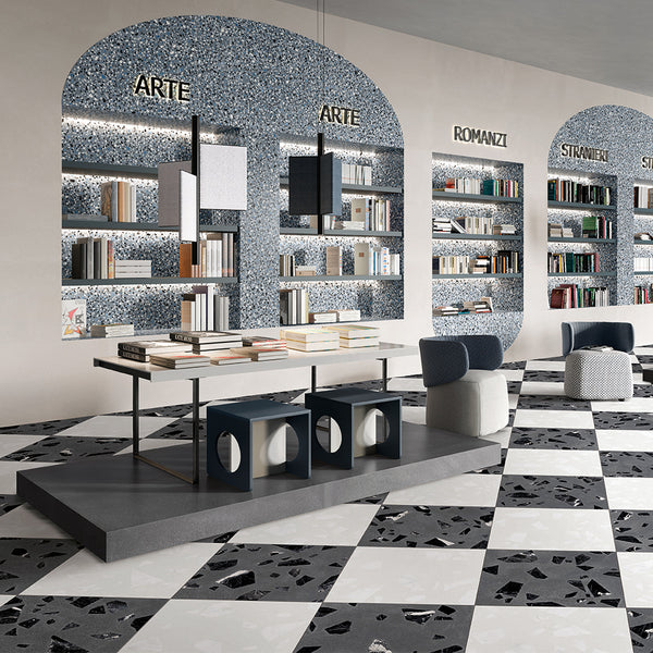 Terrazzo 2.0 24"x24" Checkerboard Rock White & Rock Dk Grey Porcelain Matte Tile