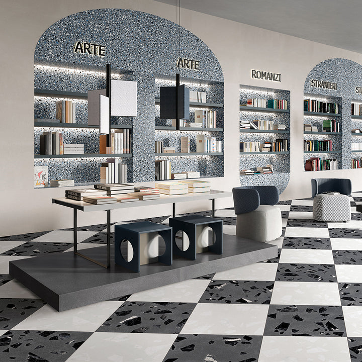 Terrazzo 2.0 24"x24" Checkerboard Rock White & Rock Dk Grey Porcelain Matte Tile
