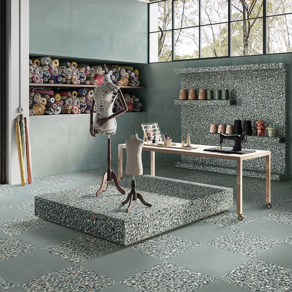 Terrazzo 2.0 24"x24" Checkerboard Minimal Green & Classic Green Porcelain Matte Tile