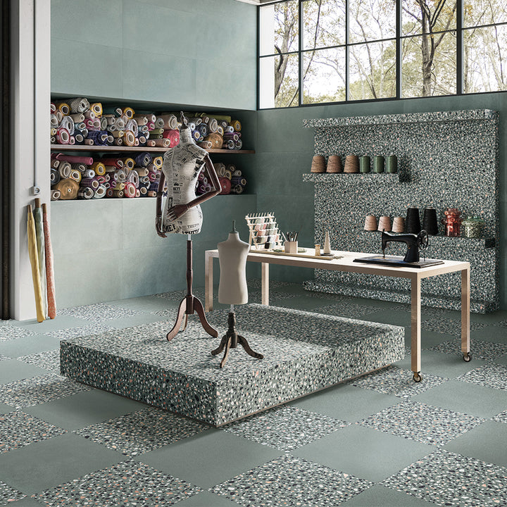 Terrazzo 2.0 24"x24" Checkerboard Minimal Green & Classic Green Porcelain Matte Tile