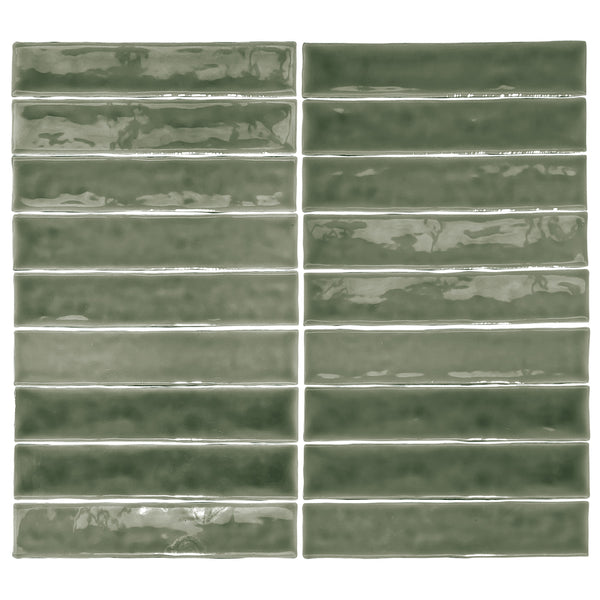 Watercolor 2"x10" Verde Oliva Ceramic Glossy Tile