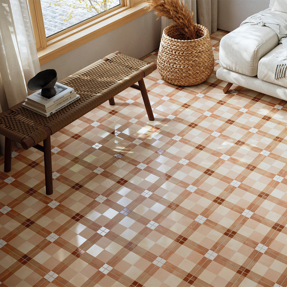 Reina Terracotta Plaid 8"x8" Cotto Porcelain Matte and Shiny Tile