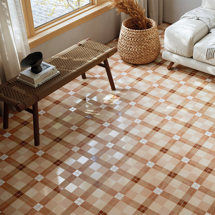 Reina Terracotta Plaid 8"x8" Cotto Porcelain Matte and Shiny Tile